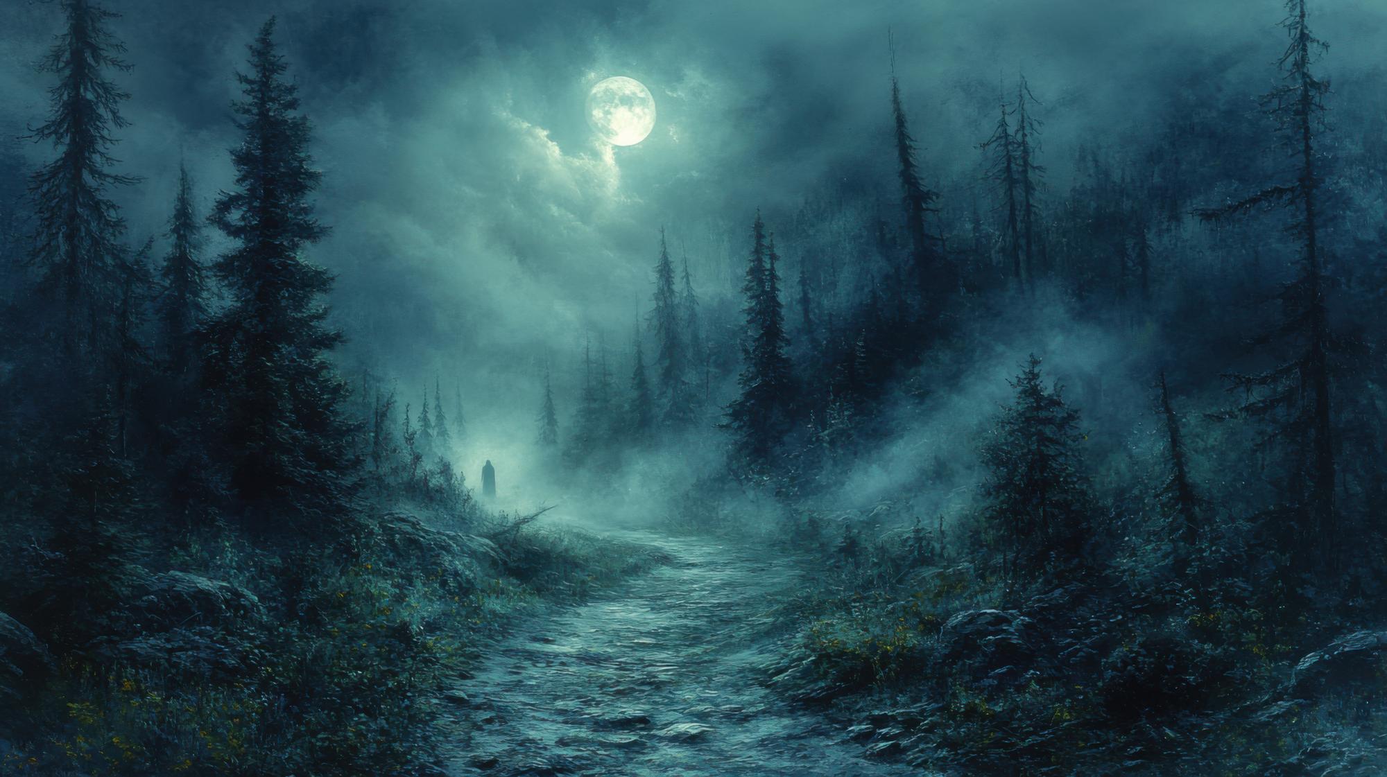 spooky haunted forest under moonlight