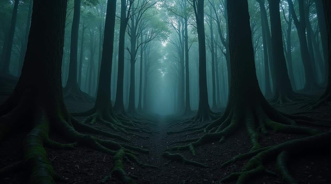 Haunted places in the world: Aokigahara Forest in Japan with fog and twisted roots