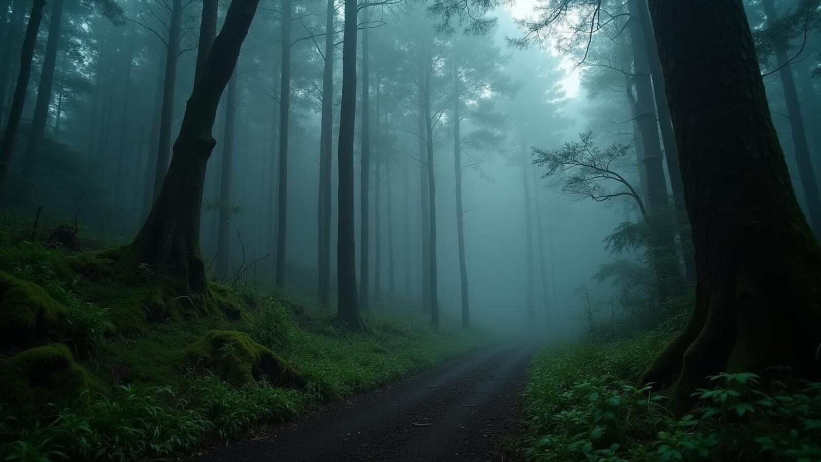 Horizontal misty volcanic forest inspired by Aokigahara haunted forest legends
