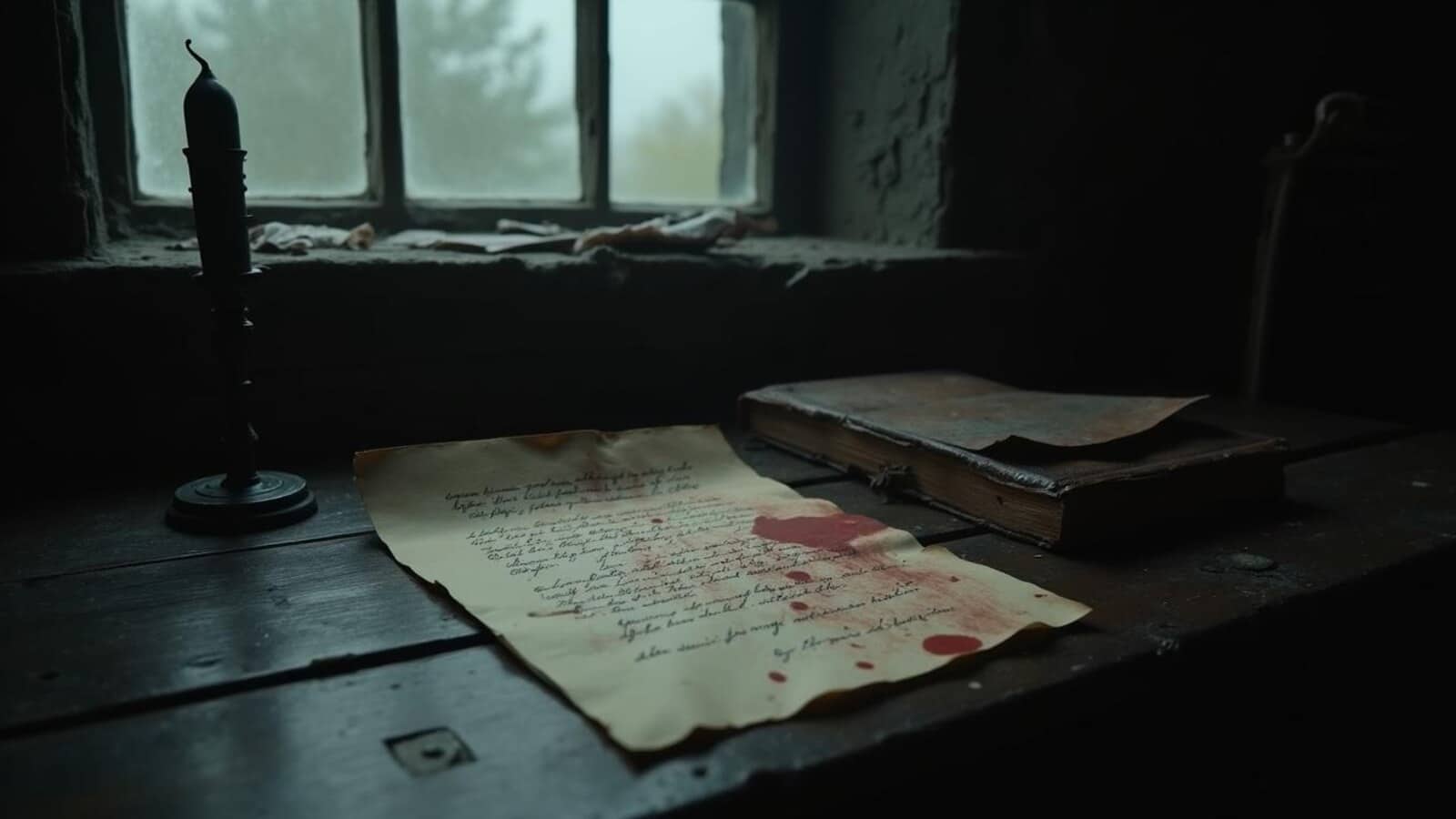 Horizontal gothic horror book review scene with a red-stained letter candlelight and old Dutch manor mood