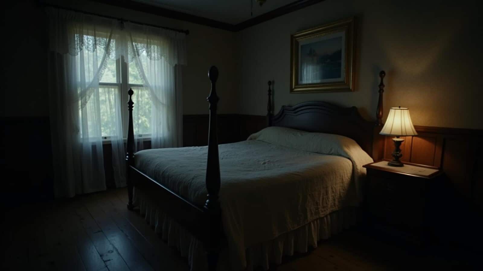 Horizontal moody haunted hotel room in an old California inn at night