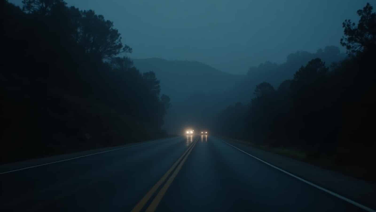 Horizontal haunted California canyon road at night with fog and headlights