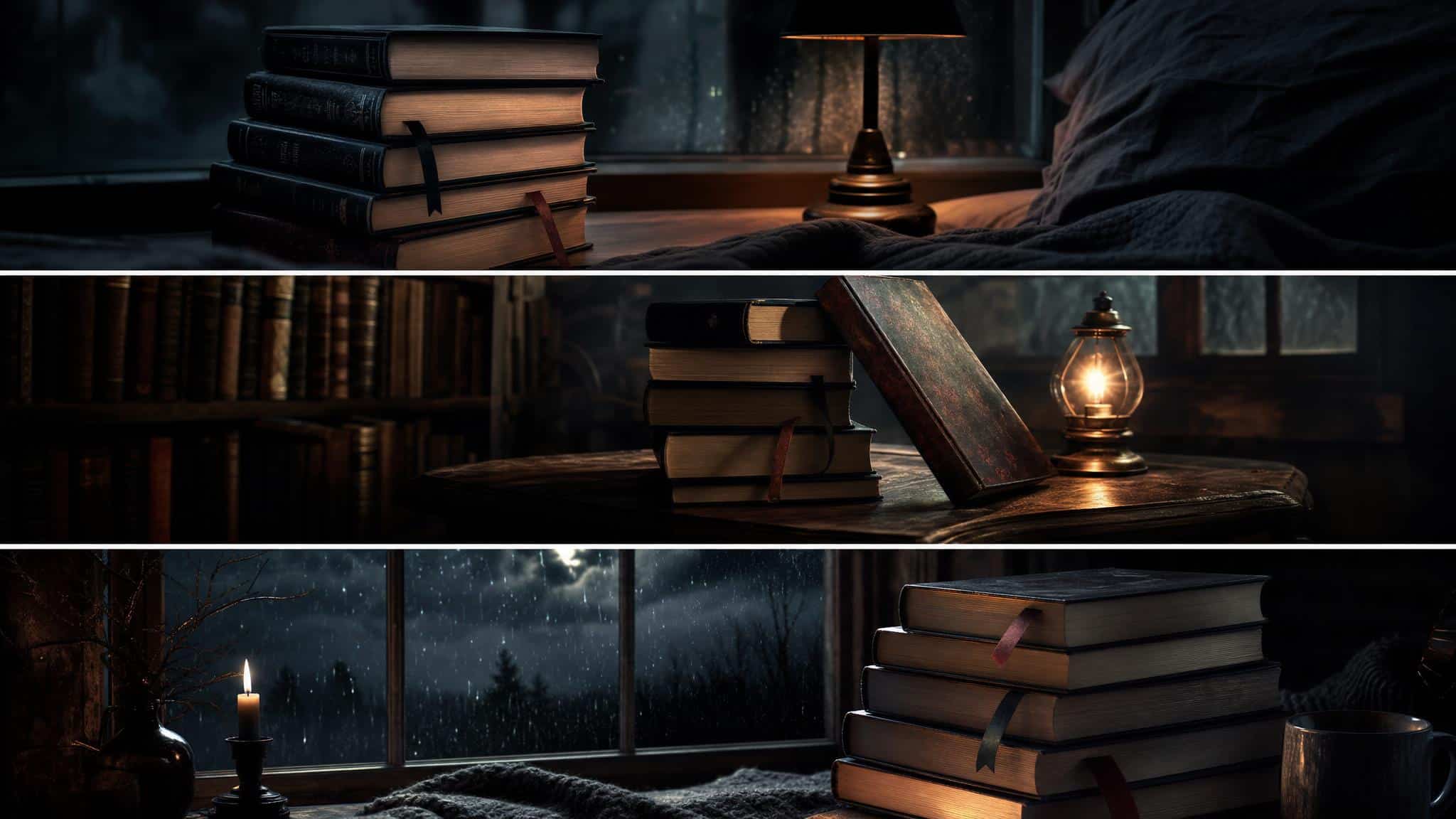 Creepy horror books stacked beside a dim lamp on a sleepless night