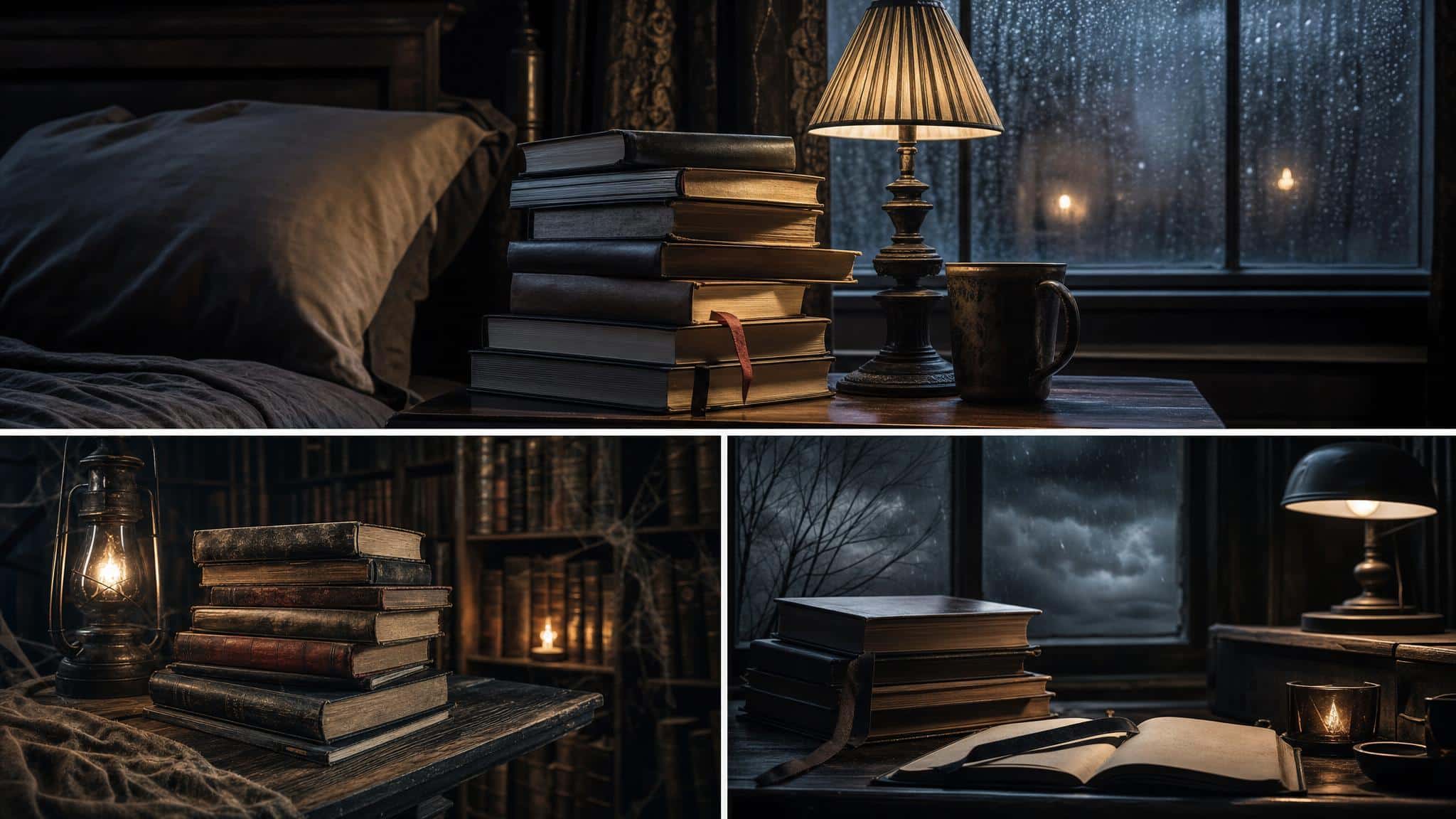 Dark library table with scary thriller books and rain at the window