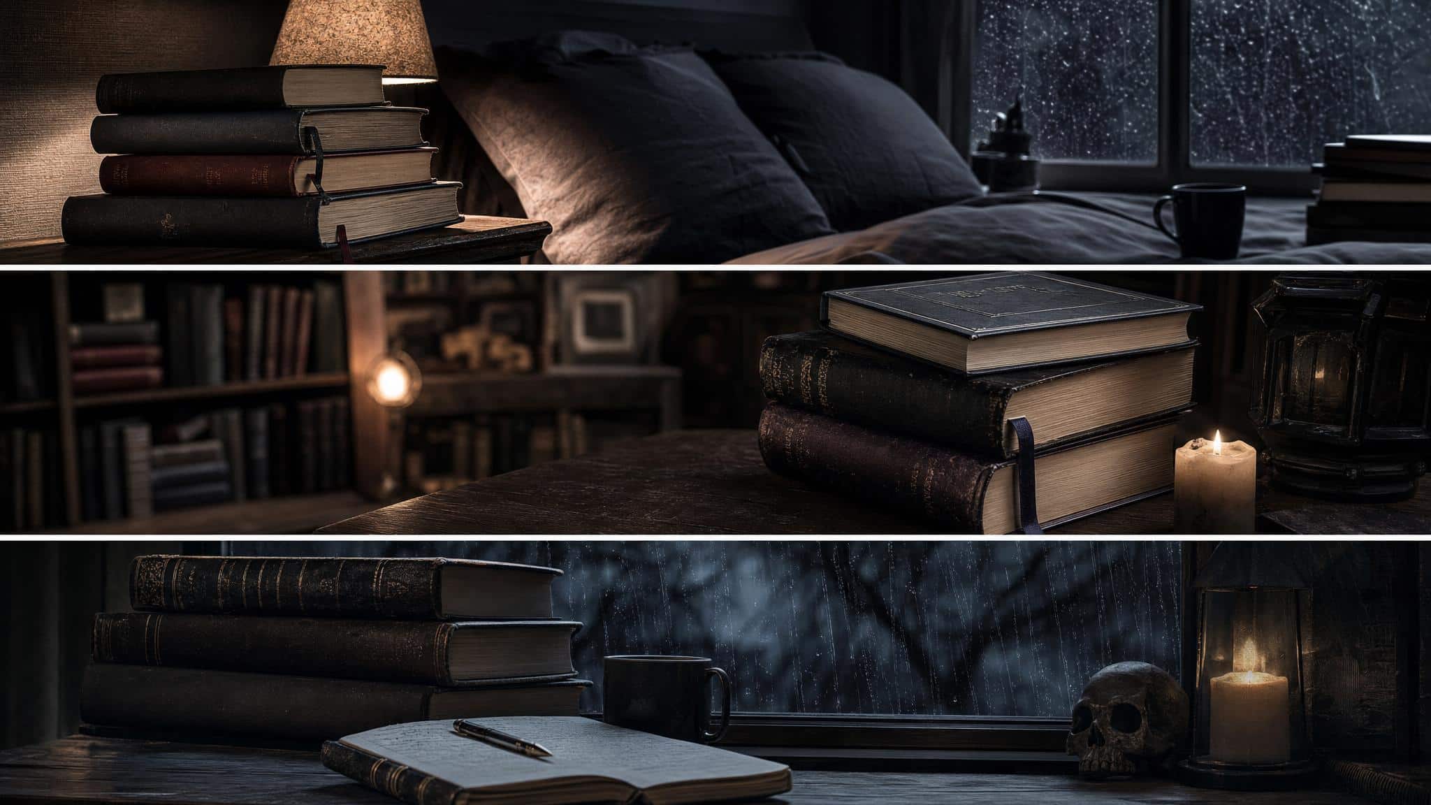 Moody horror books and bookmarks for late night reading