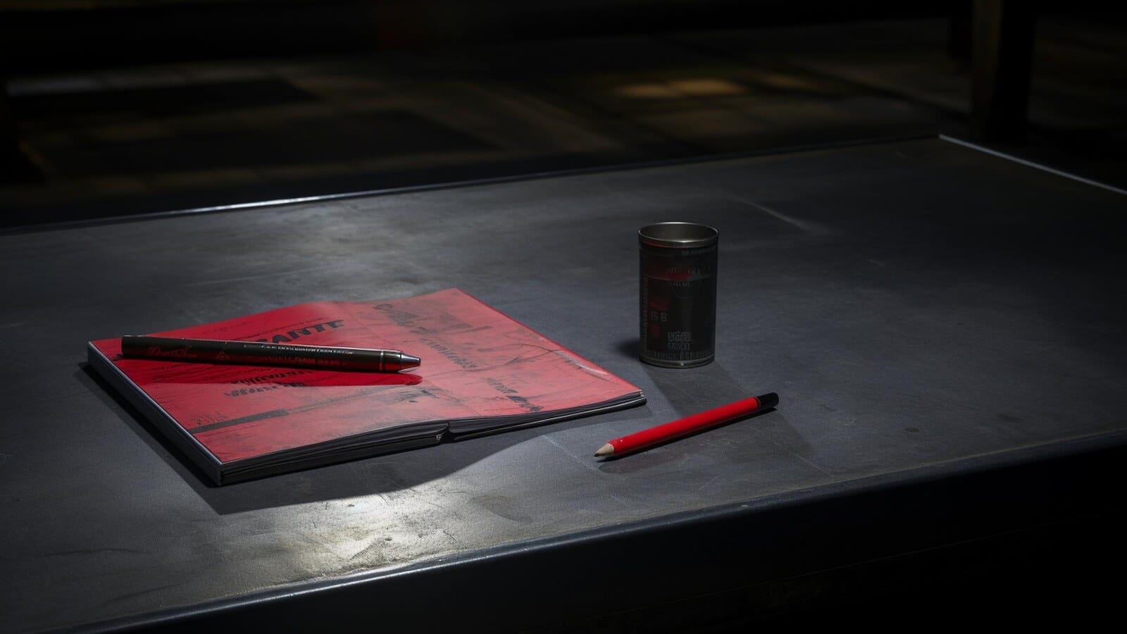 Horizontal crime thriller book and notebook scene for serial killer thriller readers