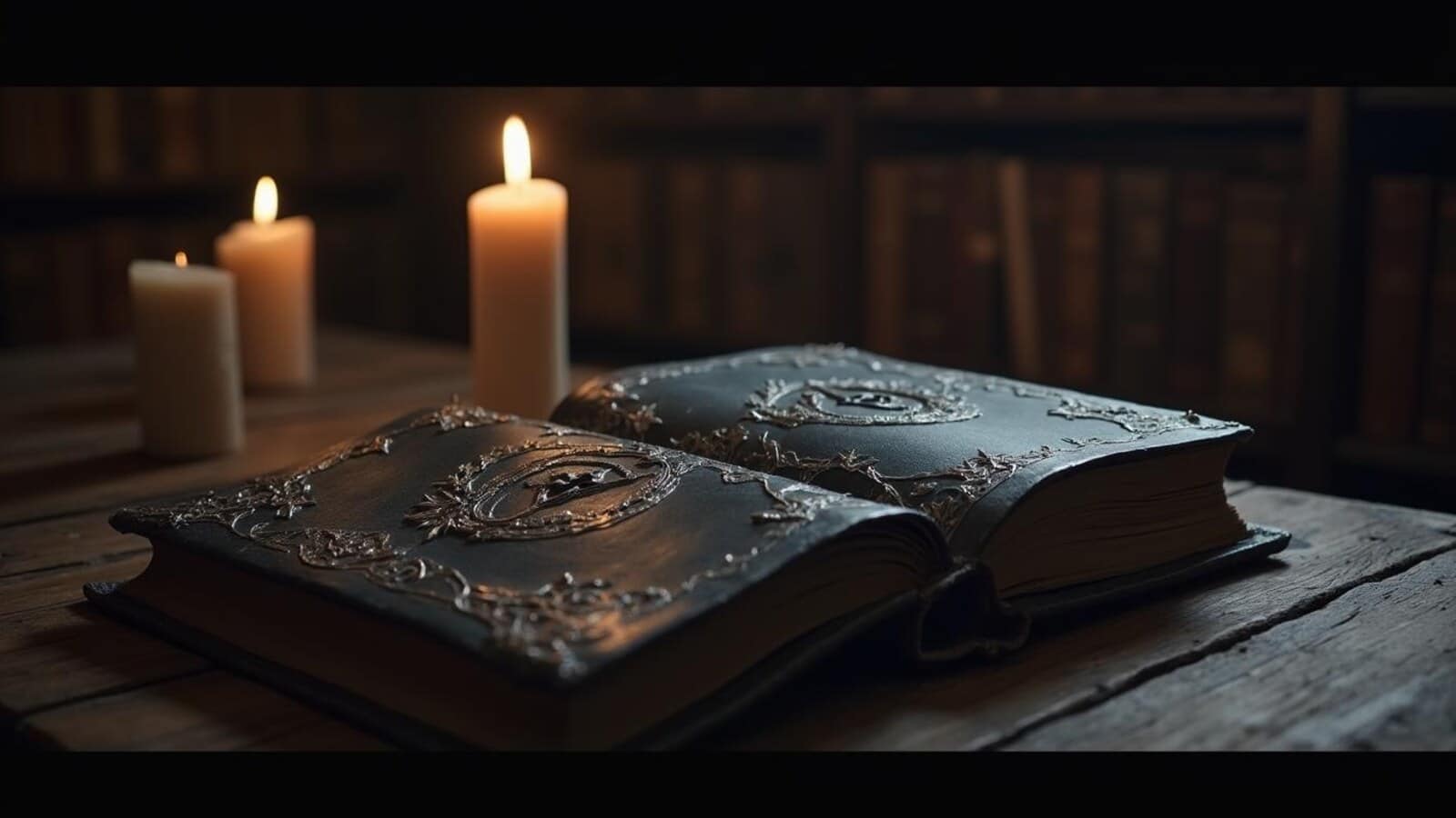 Horizontal dark fantasy books for adults with a black spellbook candles and thorny magic