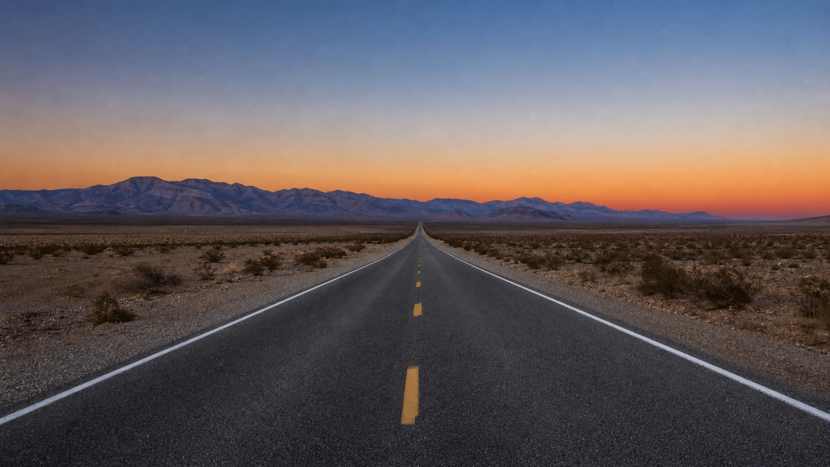 Empty desert haunted highway at twilight for haunted road legends
