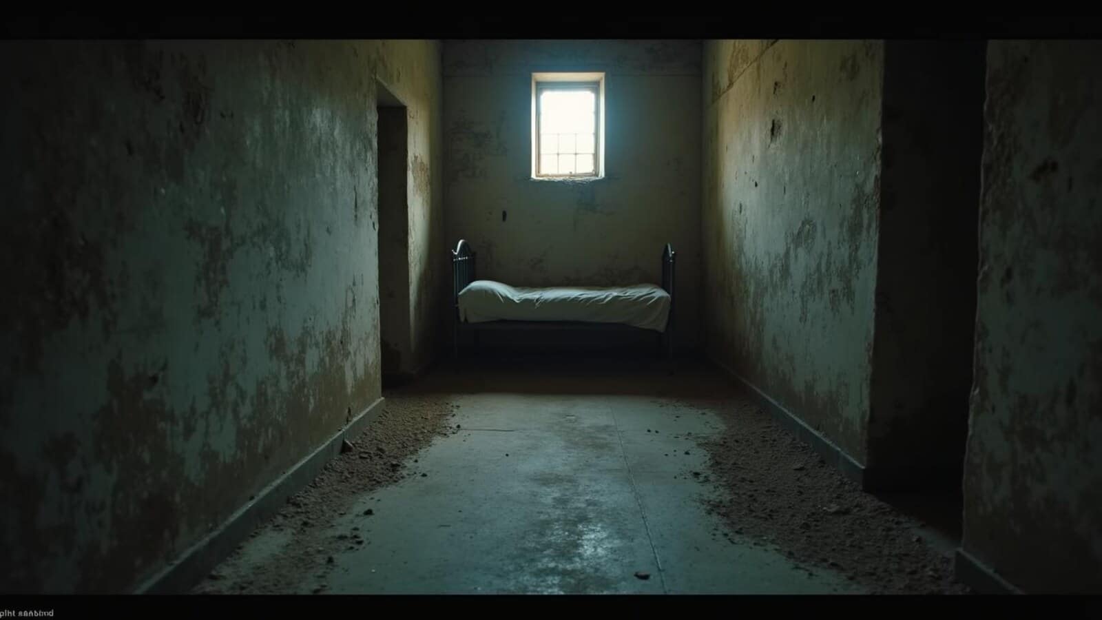 Horizontal empty historic prison cell with narrow light and worn stone walls