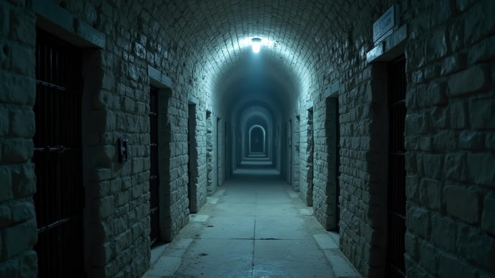 Horizontal haunted cellblock corridor with iron doors and cold light inspired by Eastern State Penitentiary