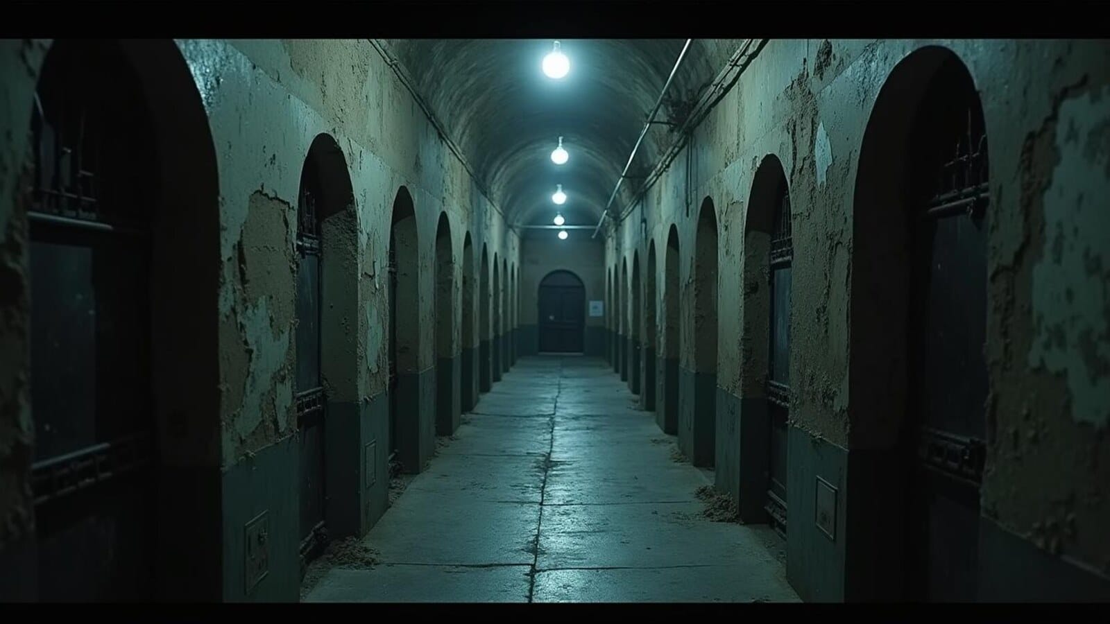 Horizontal cinematic image of a haunted stone prison corridor inspired by Eastern State Penitentiary ghost stories