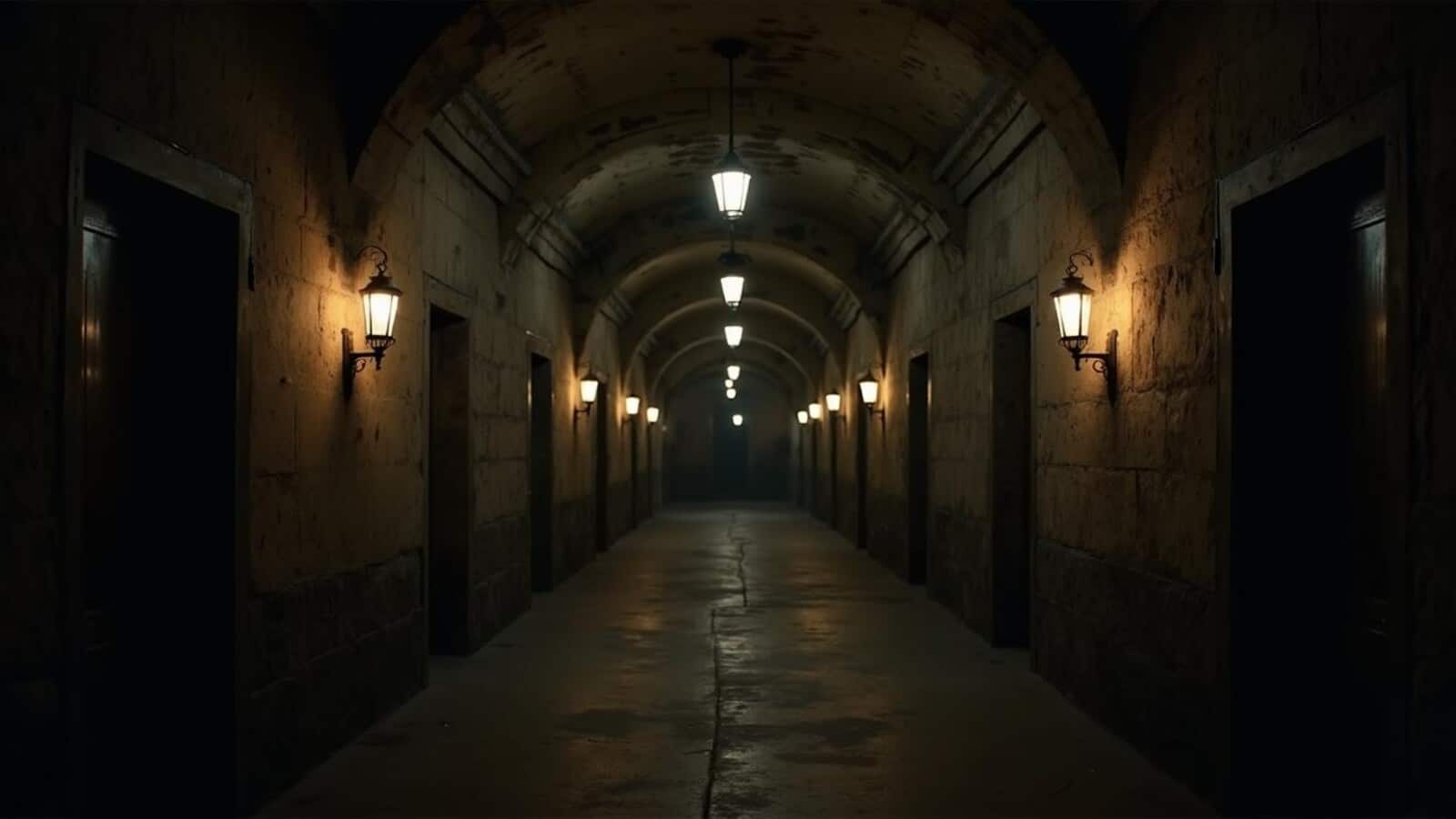 Horizontal nighttime view of an old prison hallway lit by lantern-like light