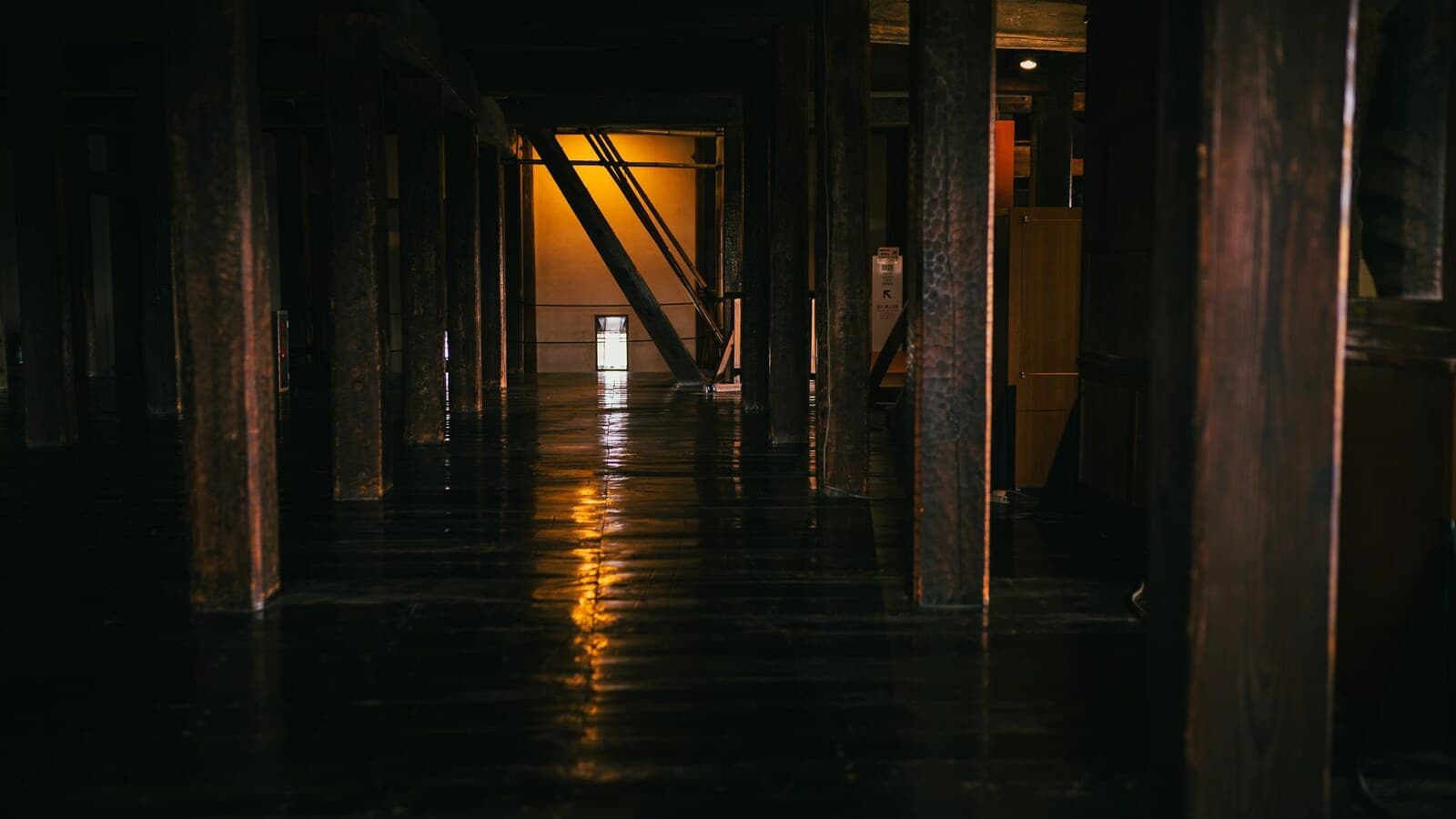 Horizontal spooky image of an empty historic hotel corridor