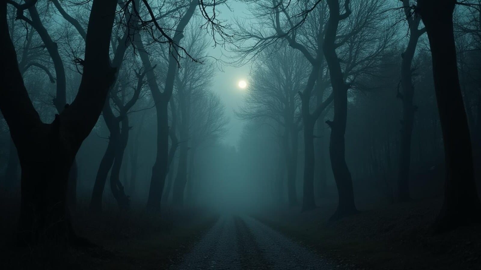 Horizontal haunted European forest path with twisted trees and pale fog