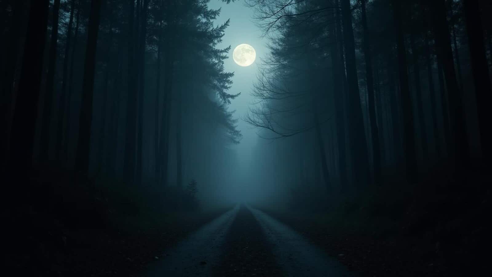 Horizontal haunted forest night trail with deep shadows and cold moonlight