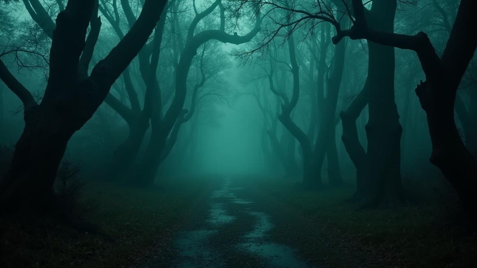 Horizontal cinematic misty haunted forest path for haunted forests in the world