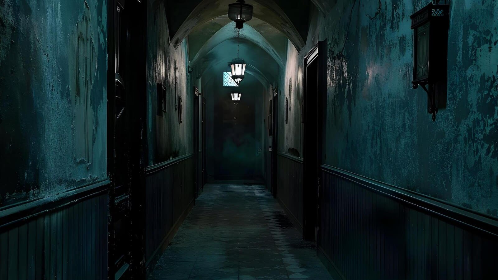 Horizontal dark haunted house hallway with old wallpaper and a half-open door