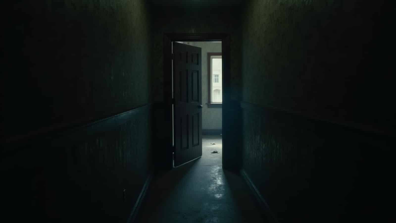 Horizontal dark haunted house hallway with old wallpaper and a half-open door