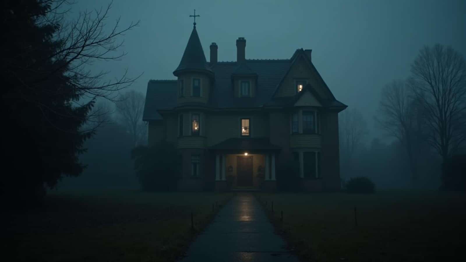 Horizontal cinematic haunted house at night with one lit window for a horror movies article