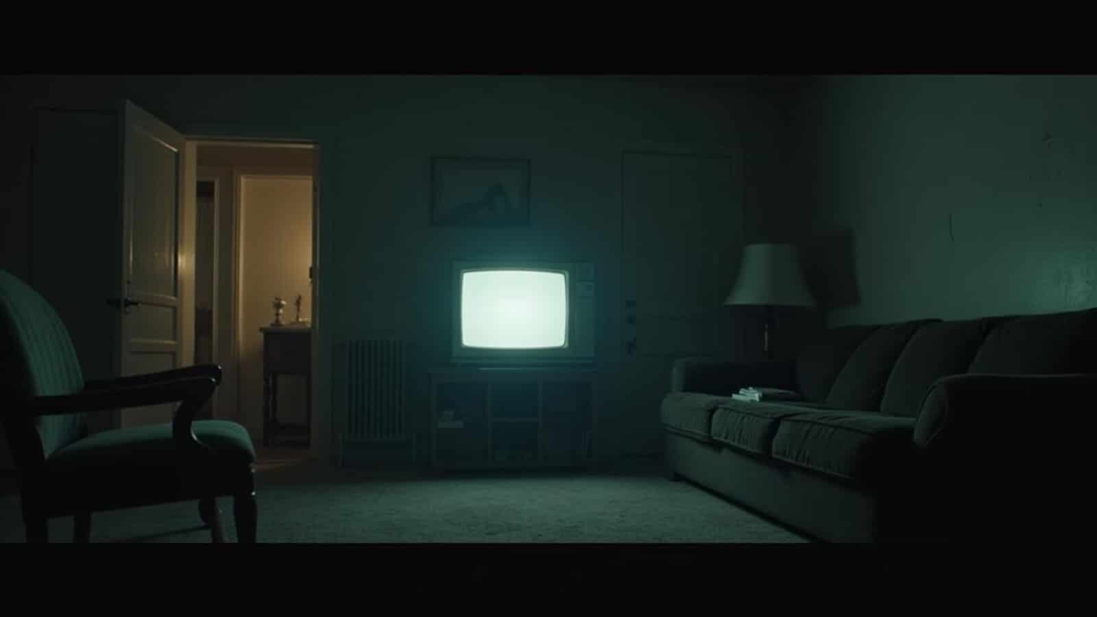 Horizontal haunted living room with old television glow and empty chairs