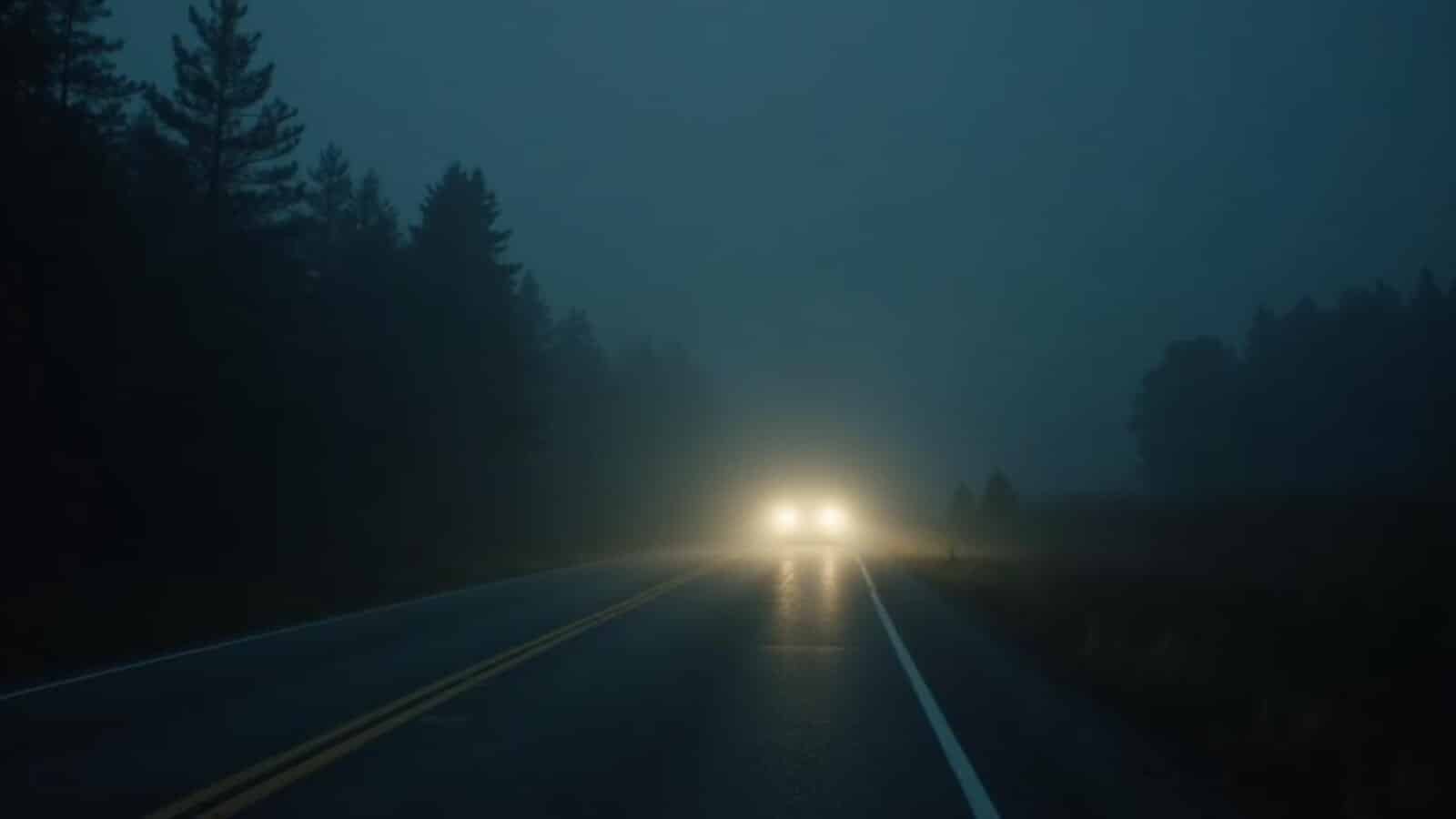 Foggy rural road bend for haunted road trip safety tips