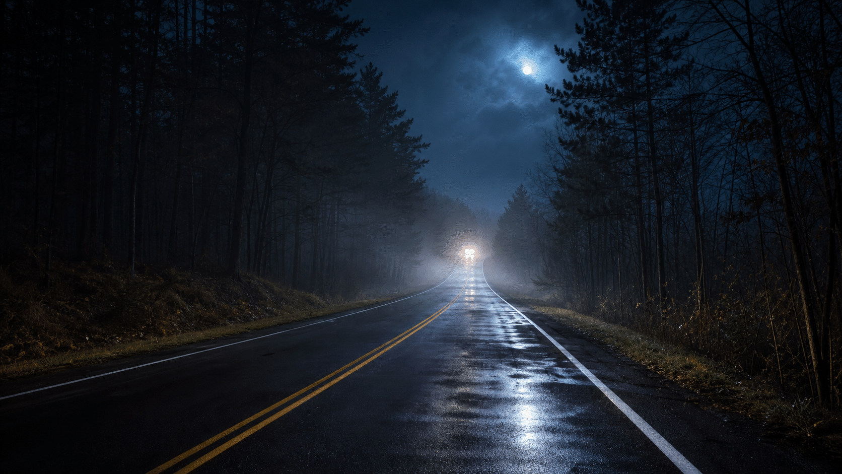 Horizontal haunted roads in America at night with fog and empty pavement