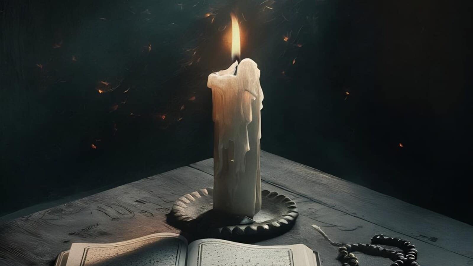Horizontal dark horror book reading table with candlelight