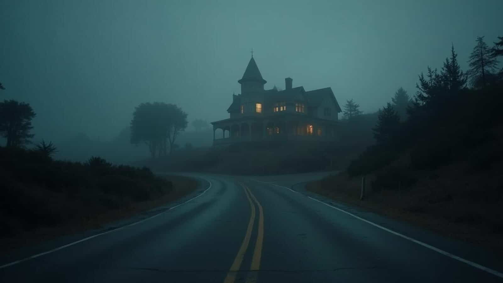 Horizontal cinematic image of a haunted California road, old mansion, and hotel at dusk