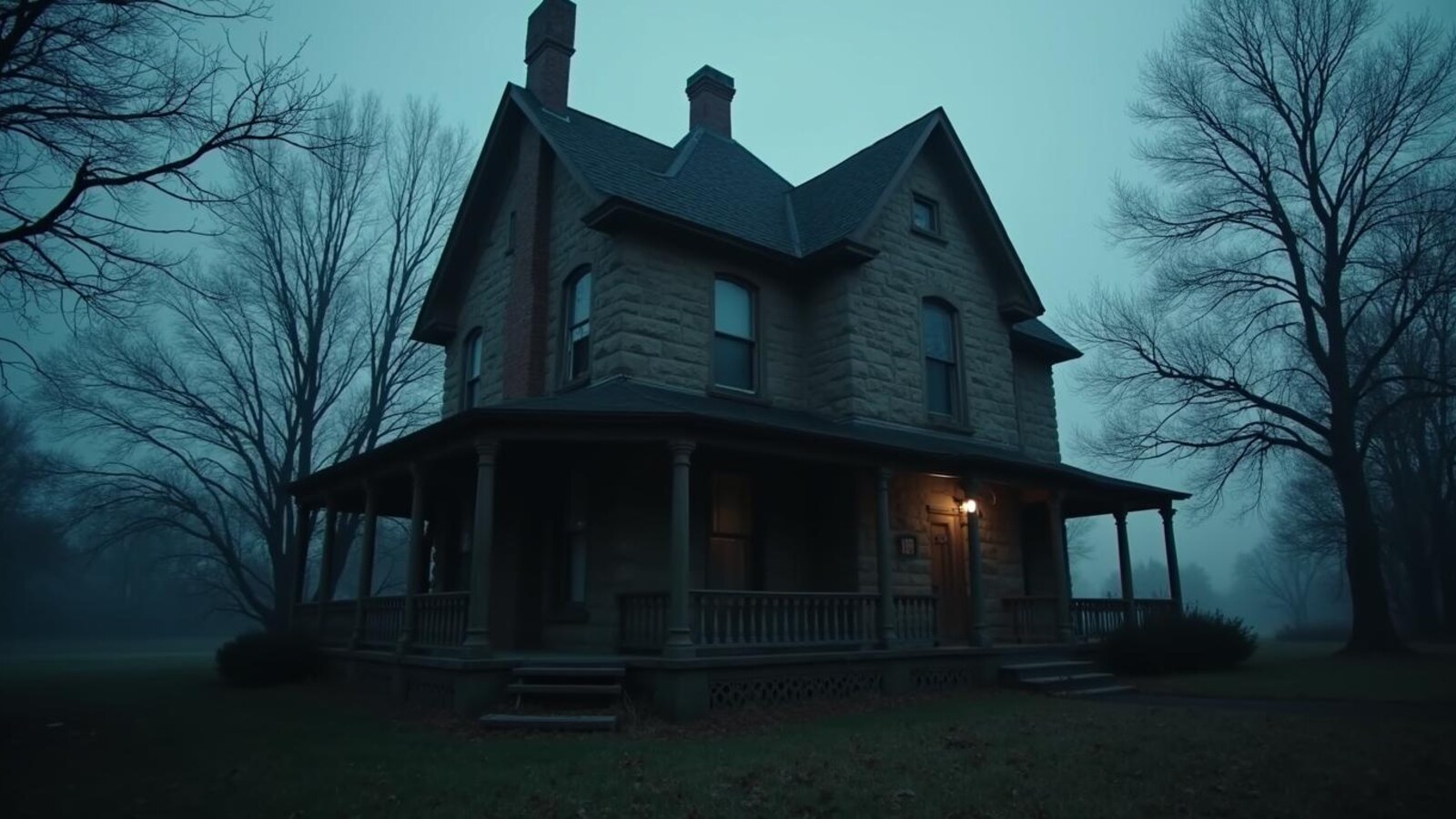 Horizontal image of an old haunted Ohio house with shadowed windows