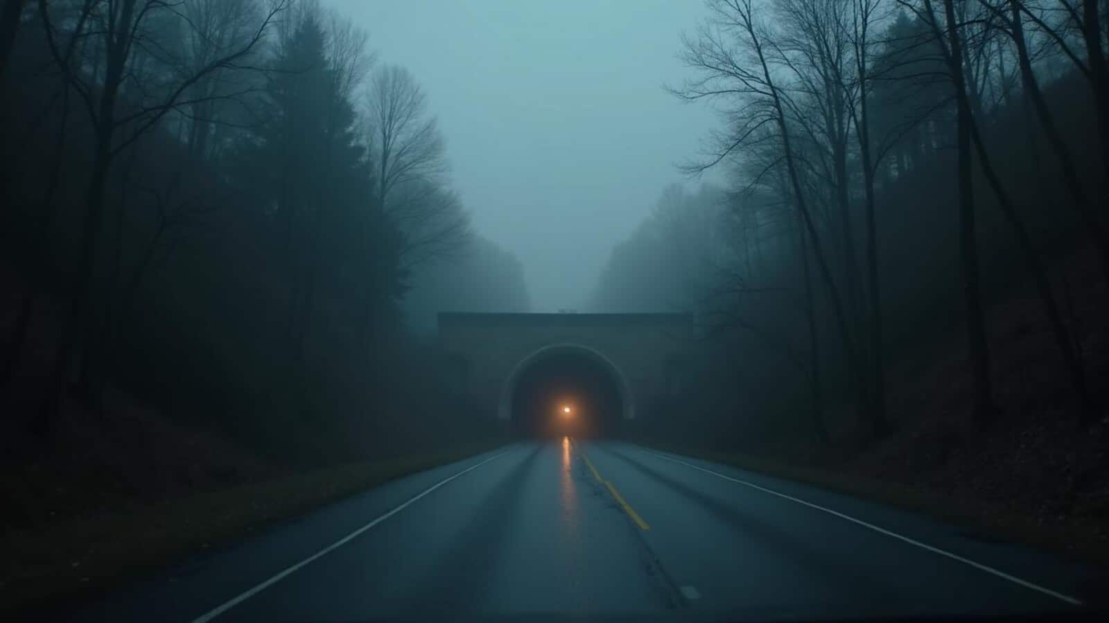 Horizontal image of a foggy Ohio road and tunnel for haunted road legends