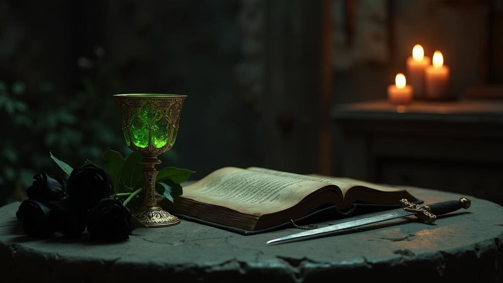 Horizontal poisoned goblet and fantasy book scene for adult dark fantasy readers
