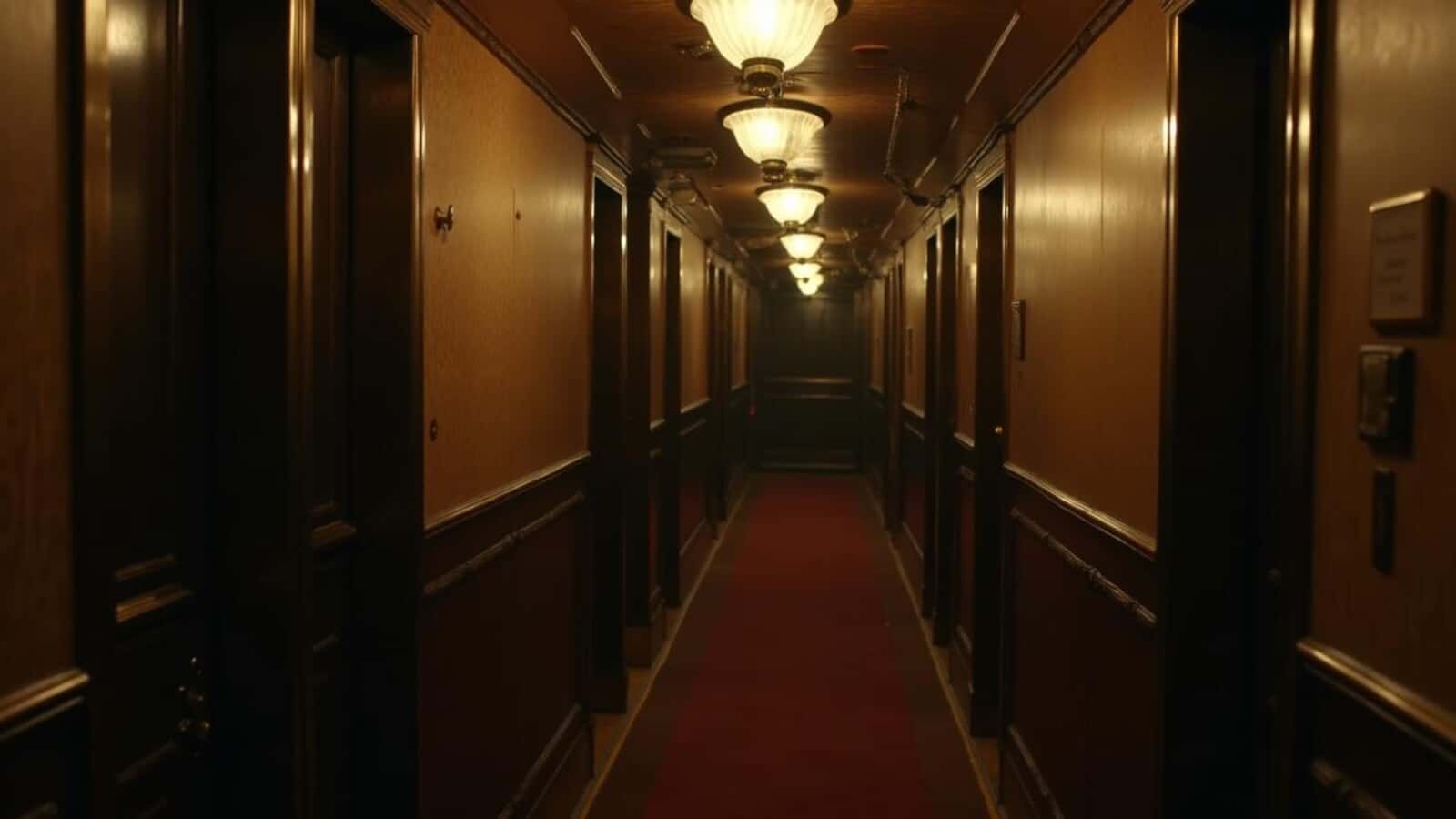 Horizontal haunted ocean liner corridor inspired by the Queen Mary in Long Beach