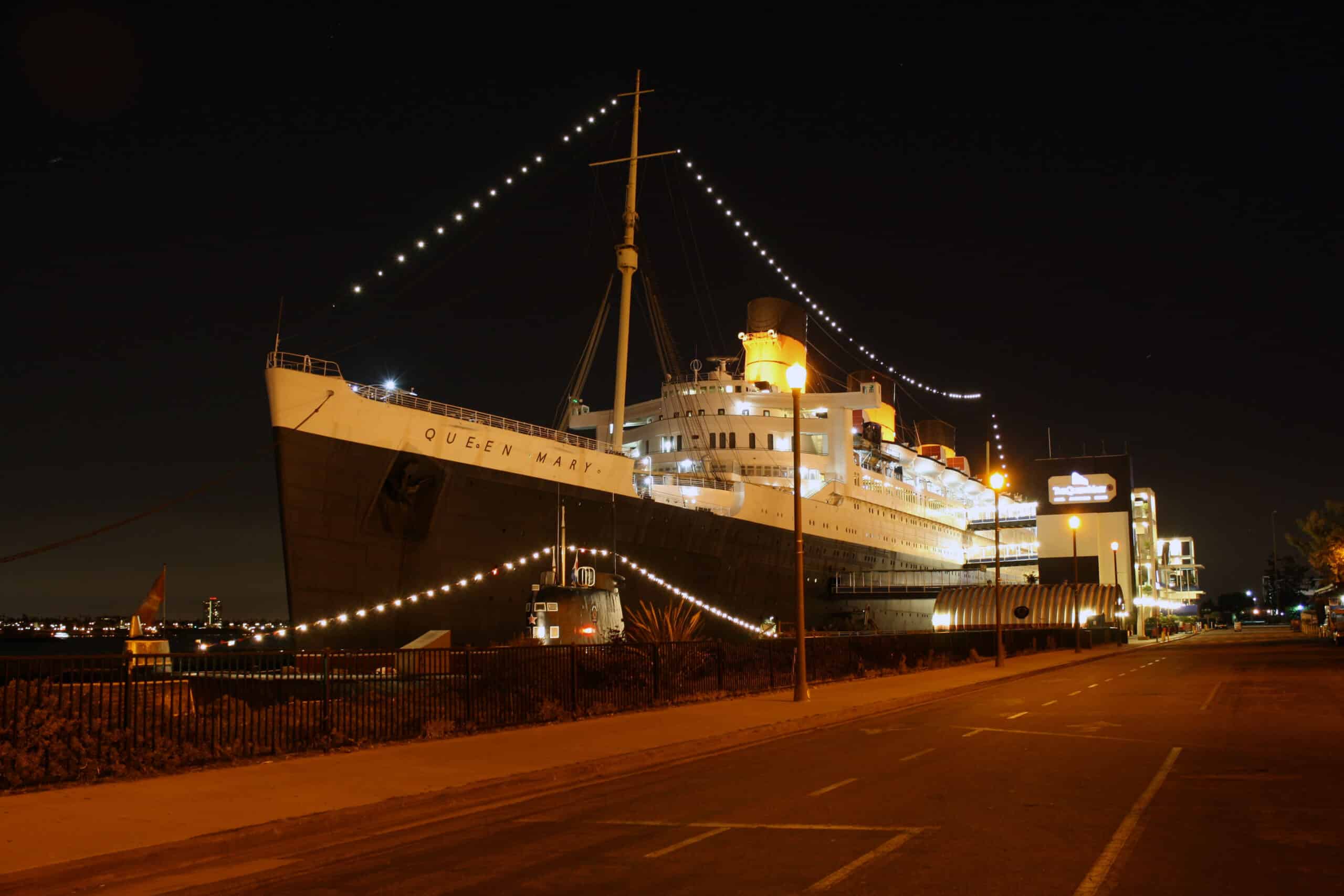 Queen Mary at night in Long Beach with haunted ship atmosphere