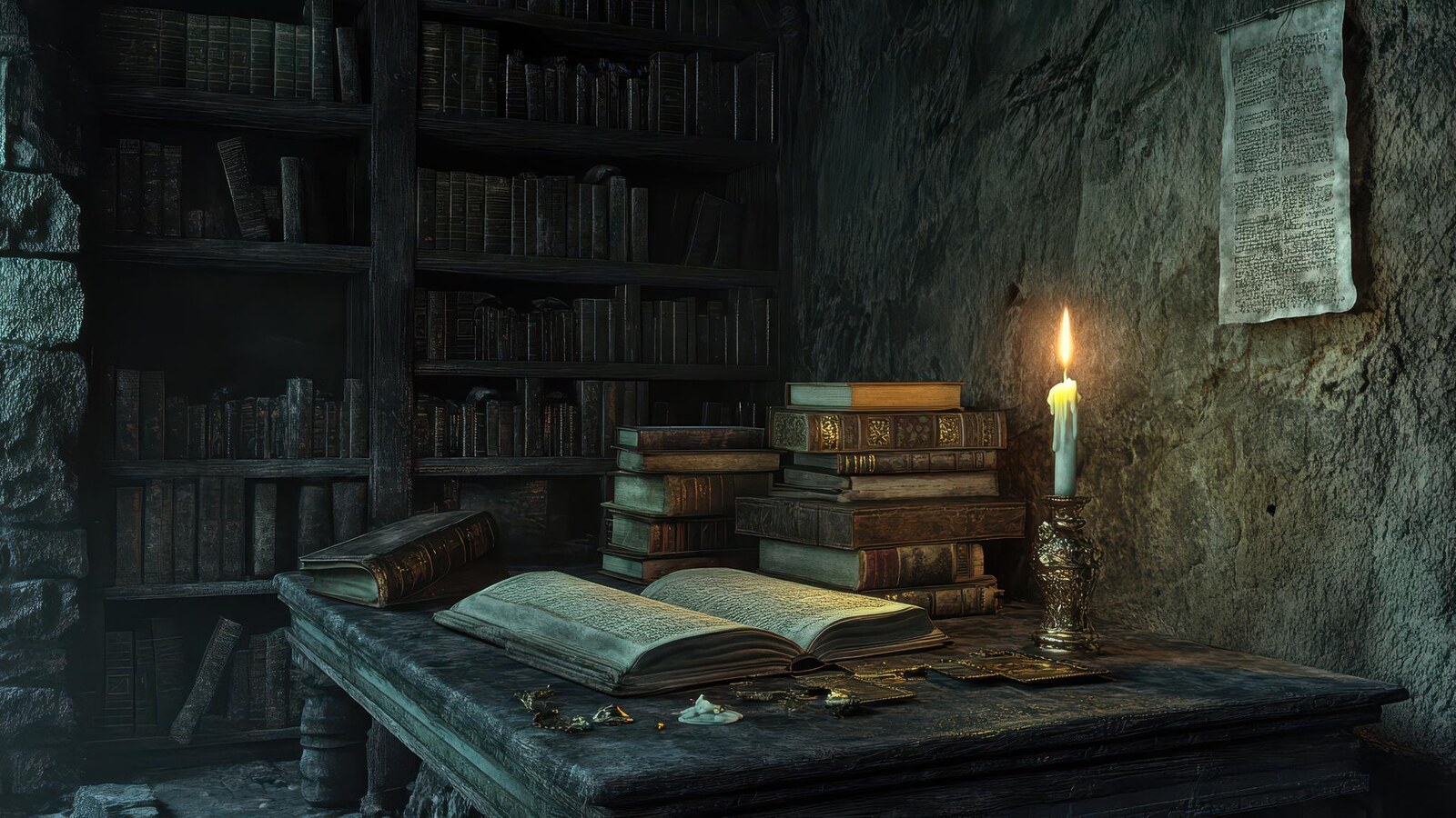 Horizontal shadow magic library scene for dark fantasy book recommendations