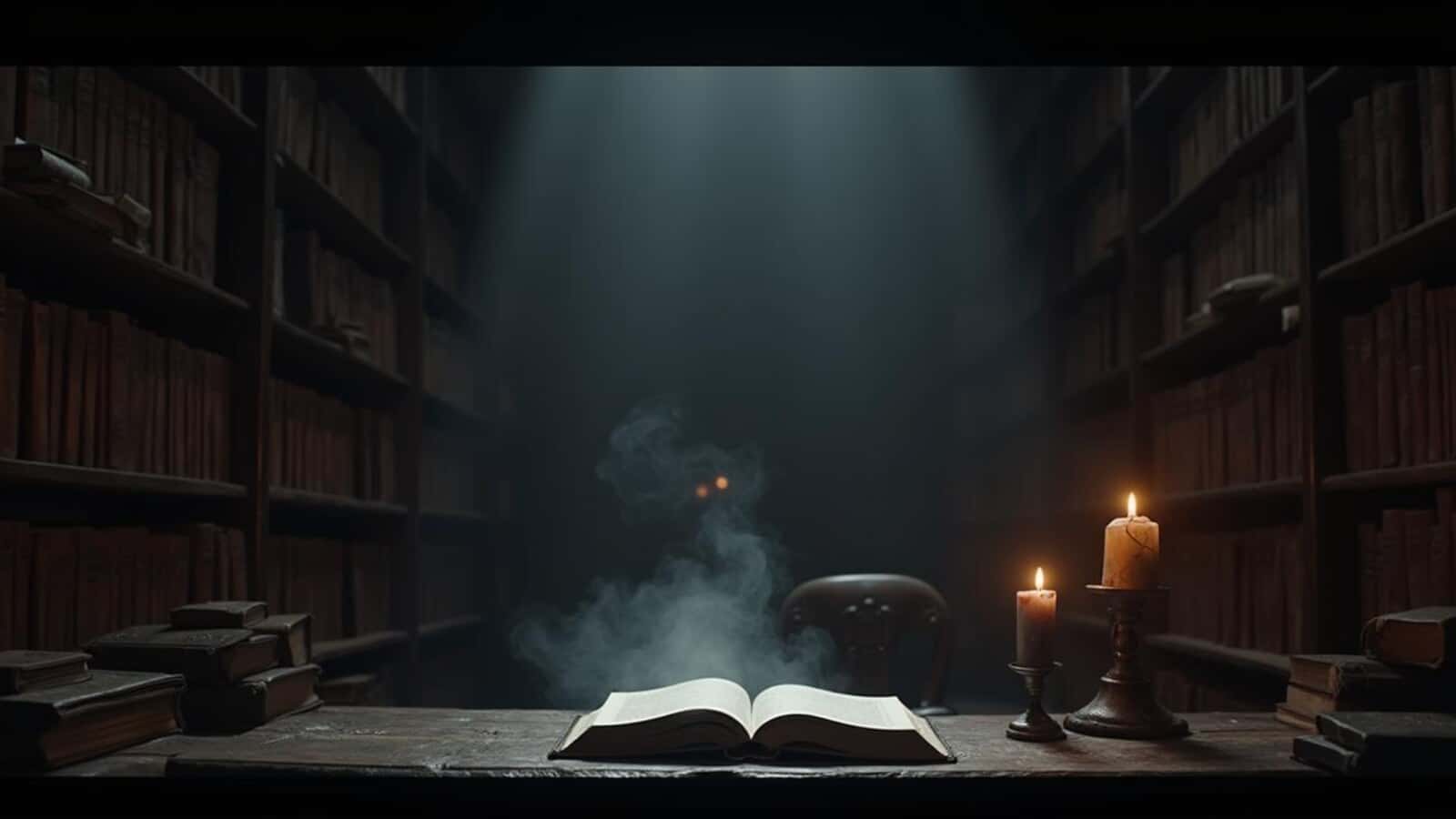 Horizontal shadow magic library scene for dark fantasy book recommendations