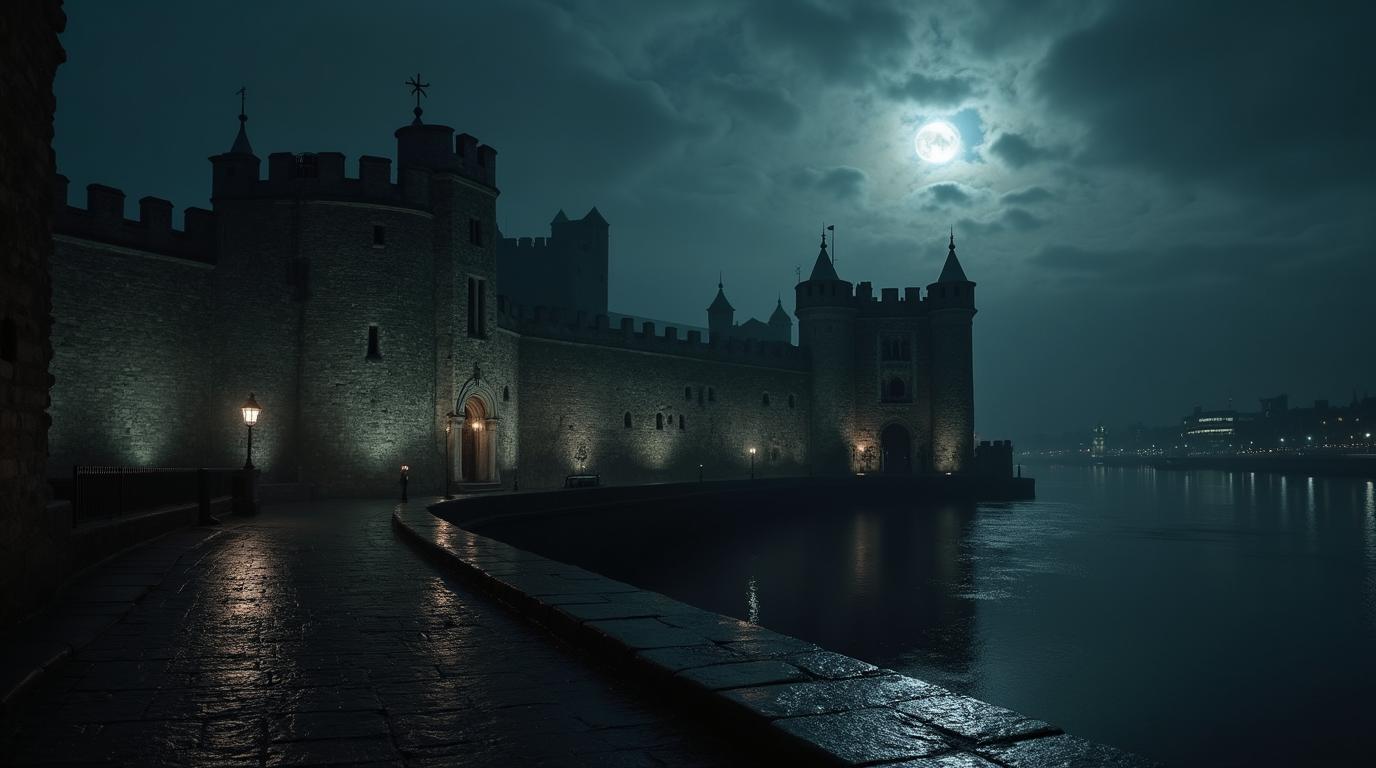 Haunted places in the world: Tower of London at night with ghostly historic mood