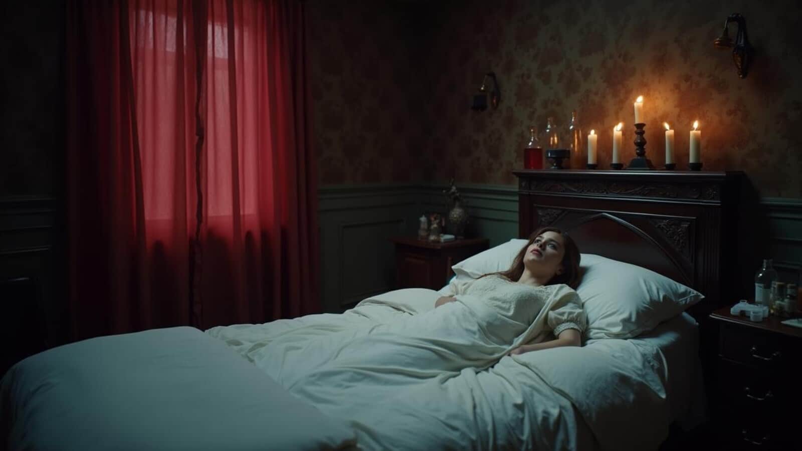 Horizontal Victorian vampire sickroom scene for gothic horror book readers