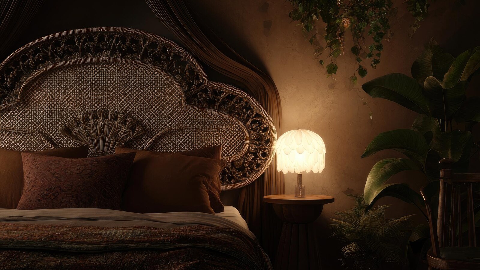 Horizontal vintage hotel room at night with a moody bedside lamp