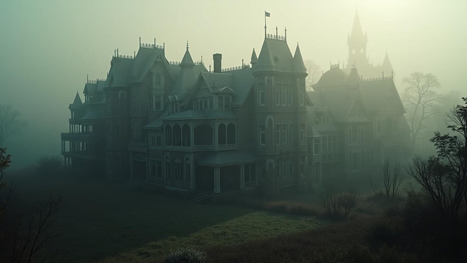 Horizontal haunted Victorian mansion inspired by Winchester Mystery House in California