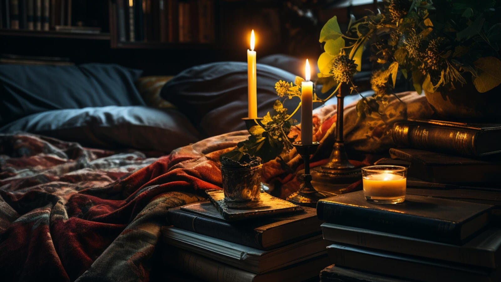 Horizontal moody beginner horror books reading scene with candles and shadows