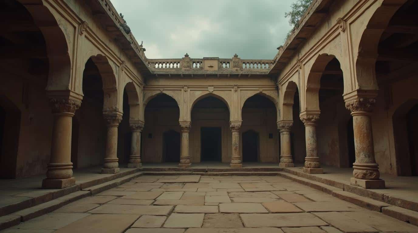 Horizontal Bhangarh Fort palace courtyard ruins with haunted atmosphere