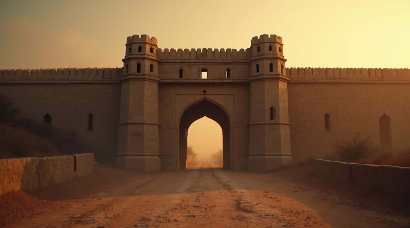 Horizontal haunted Bhangarh Fort gate in Rajasthan at sunset