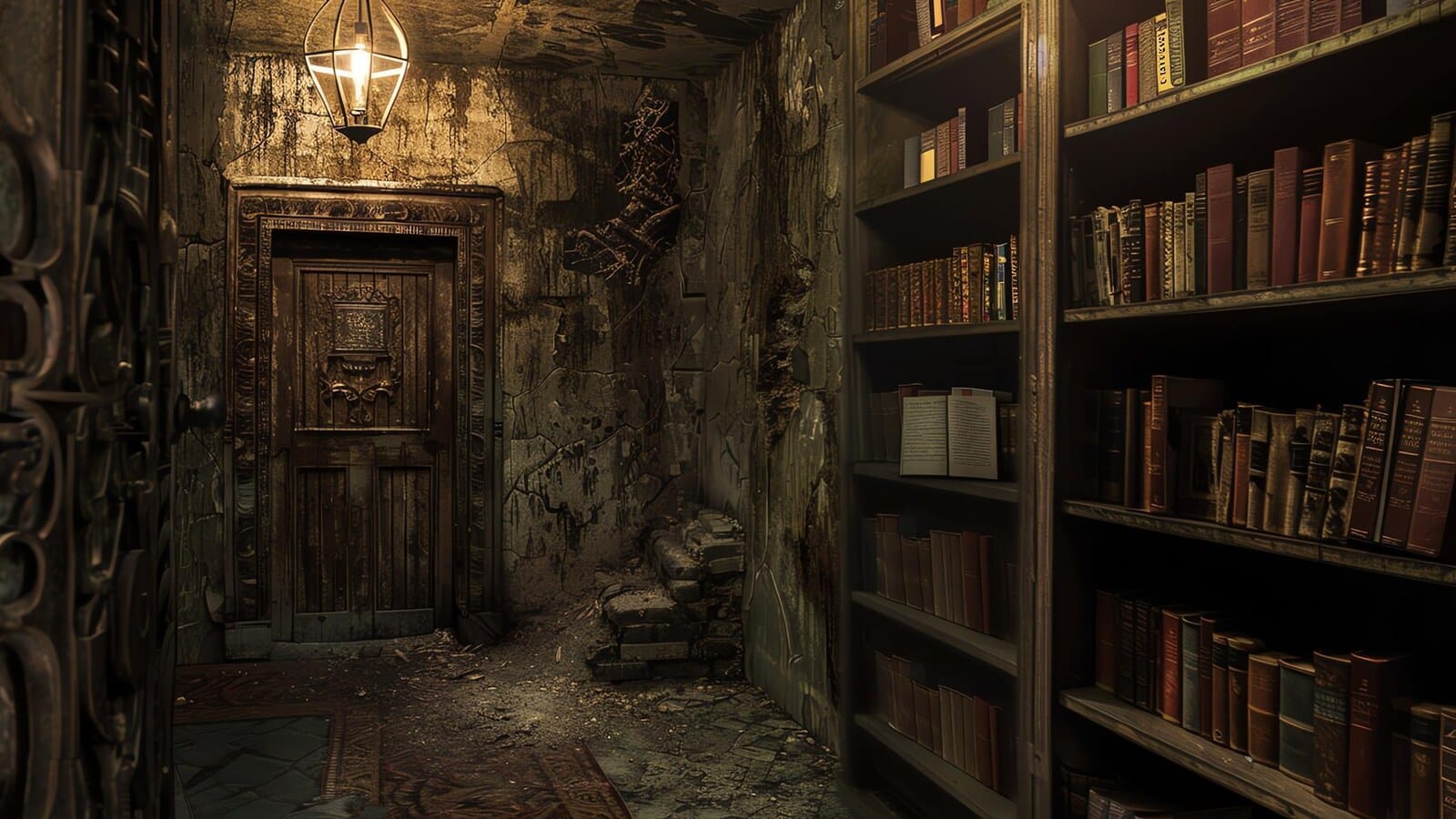 Horizontal creepy bookshelf image for beginner horror book recommendations