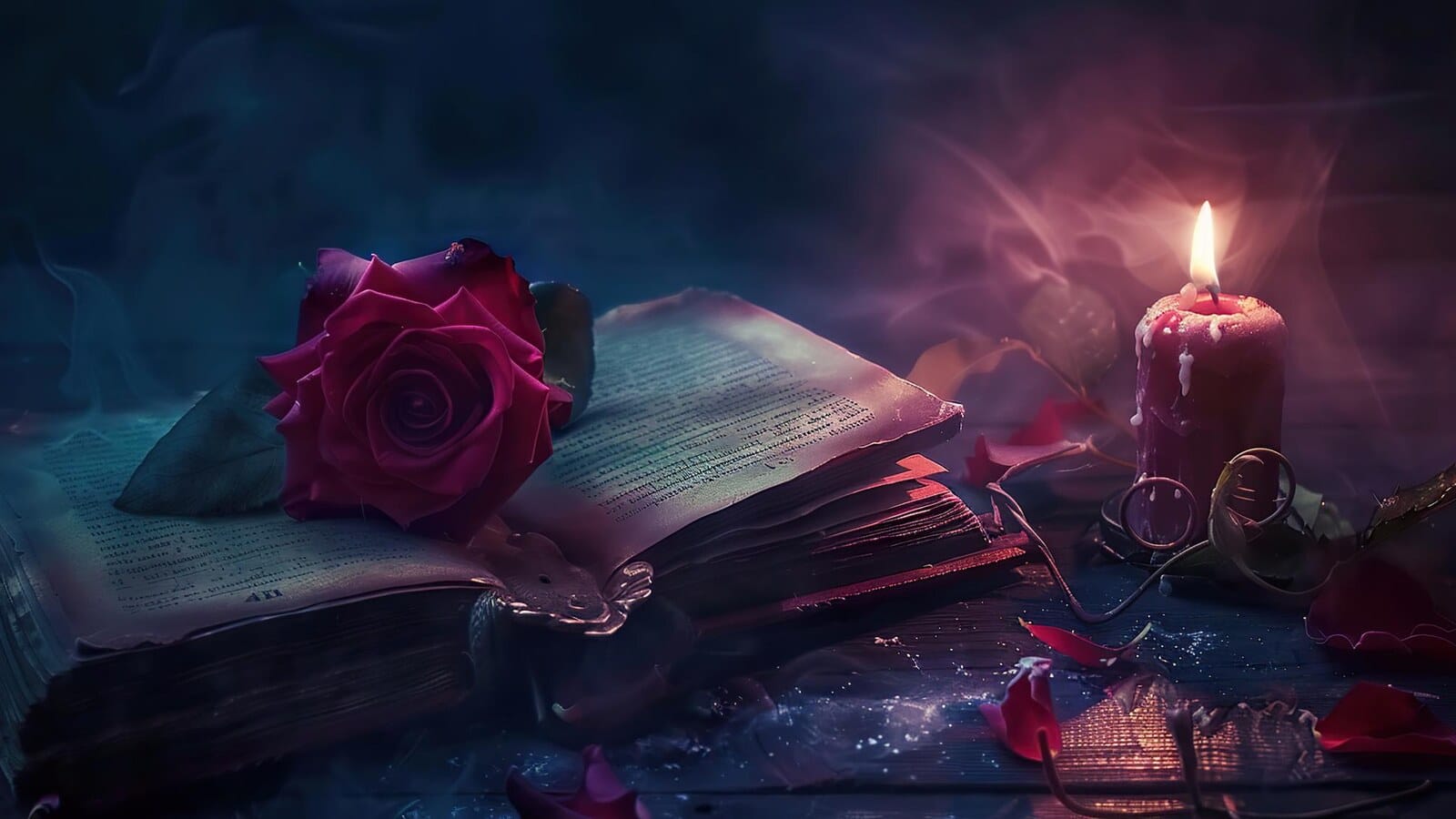 Horizontal dangerous magic book scene for dark romance fantasy books