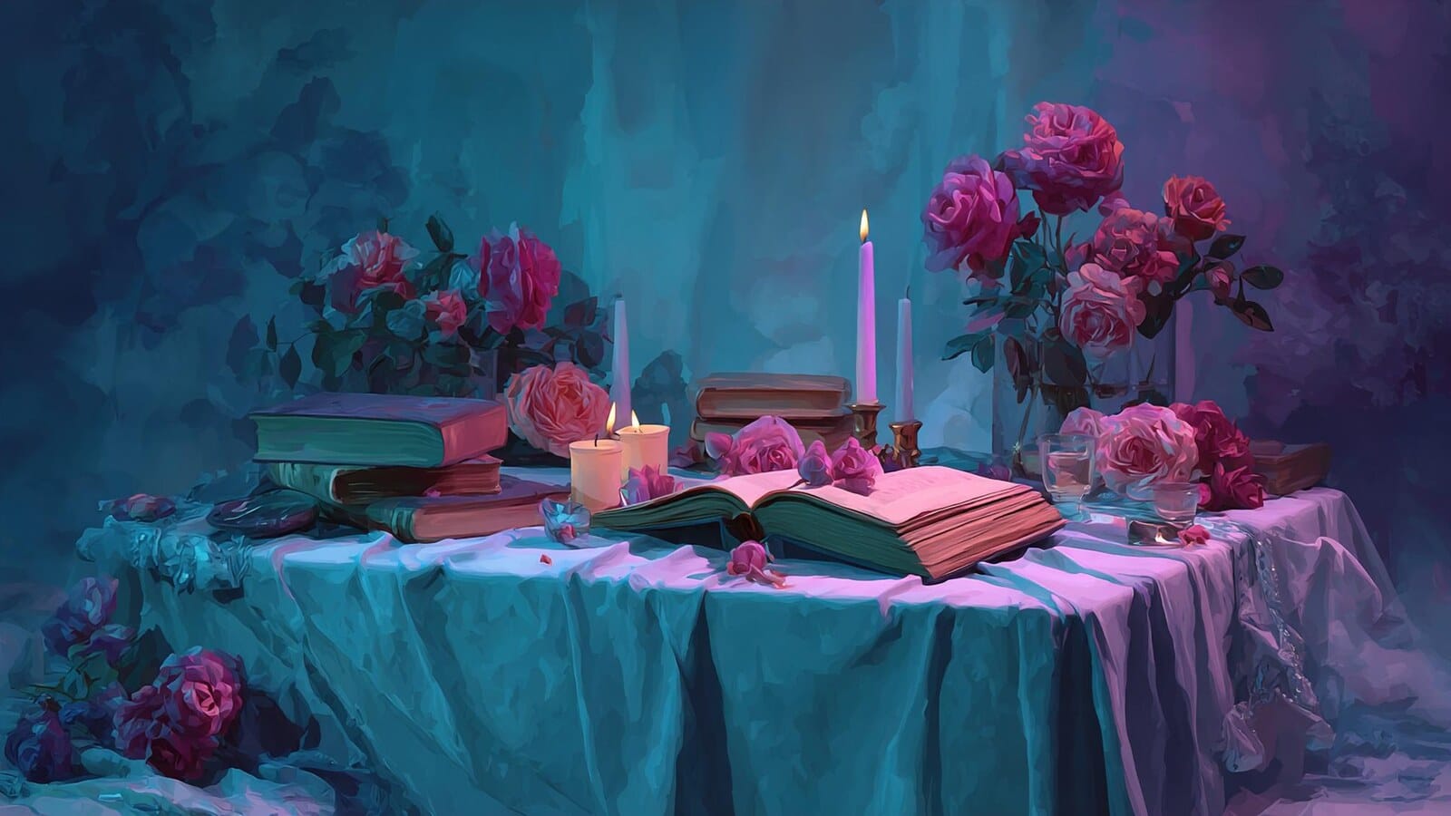 Horizontal dark romance fantasy books scene with candles roses and dangerous magic