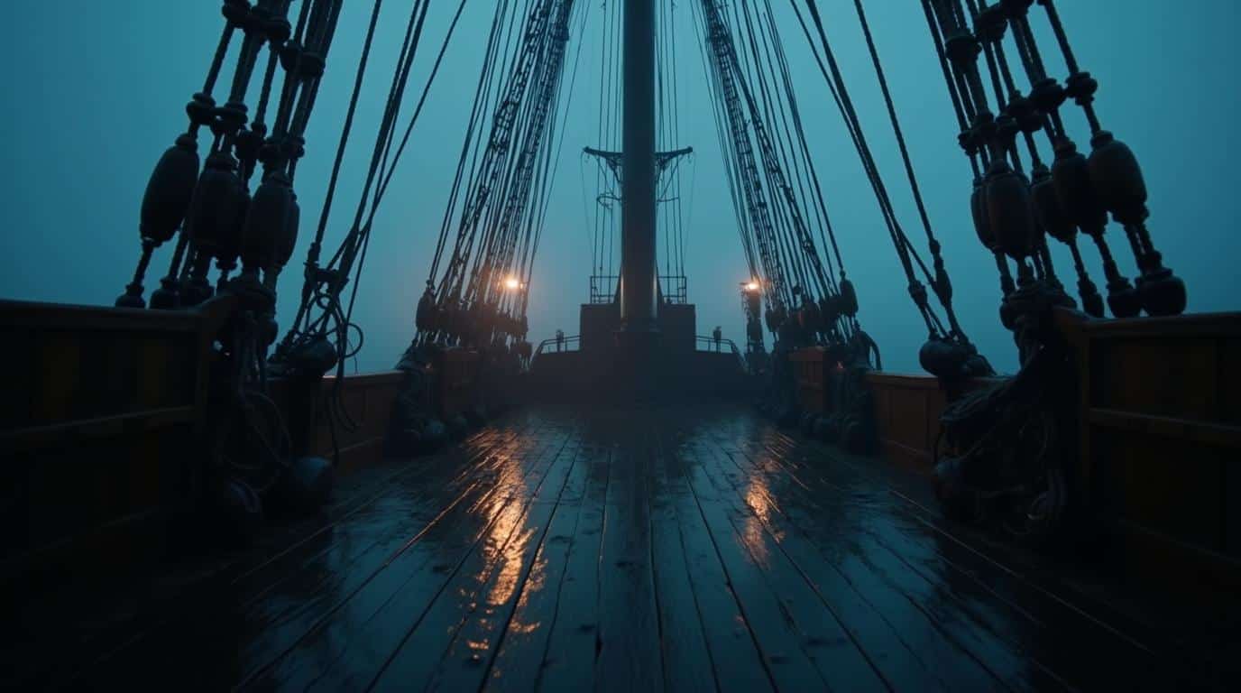 Horizontal empty haunted ship deck with fog, ropes, lantern light, and dark water