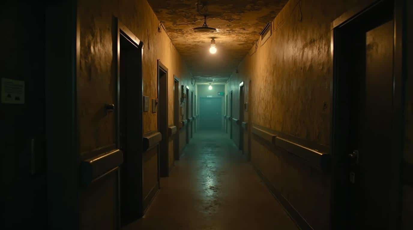 horizontal abandoned asylum hallway image for haunted attractions in America and Halloween travel planning