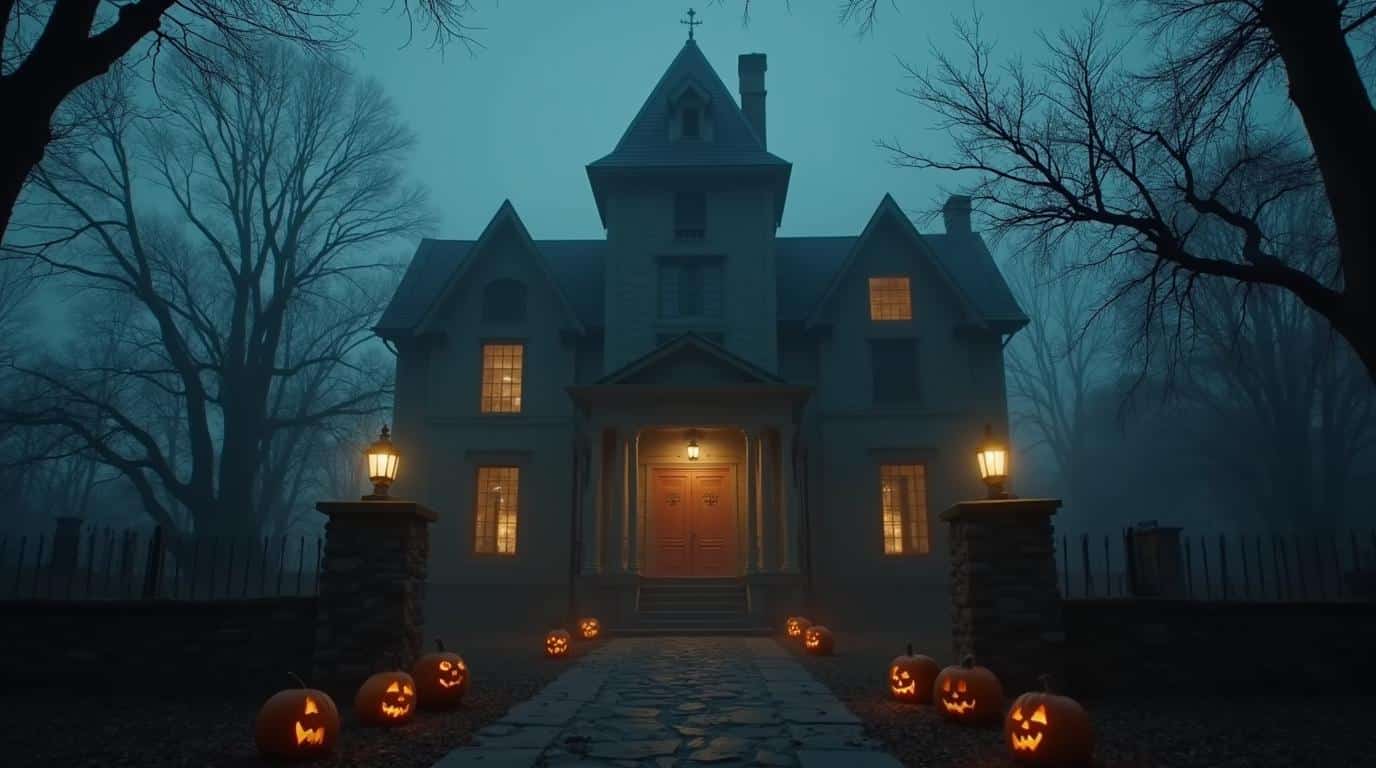 Horizontal haunted attractions in America entrance with fog, pumpkins, and old mansion before Halloween season