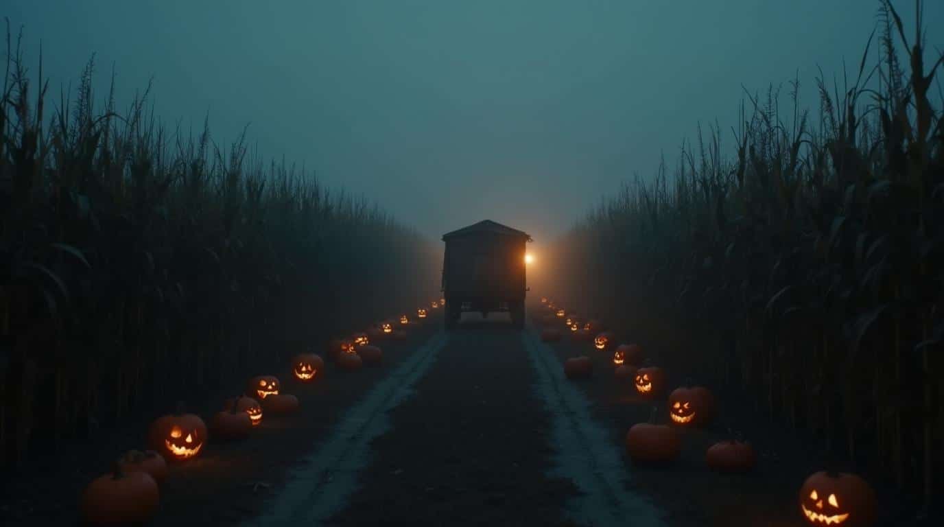 horizontal haunted hayride through foggy autumn fields for haunted attractions in America
