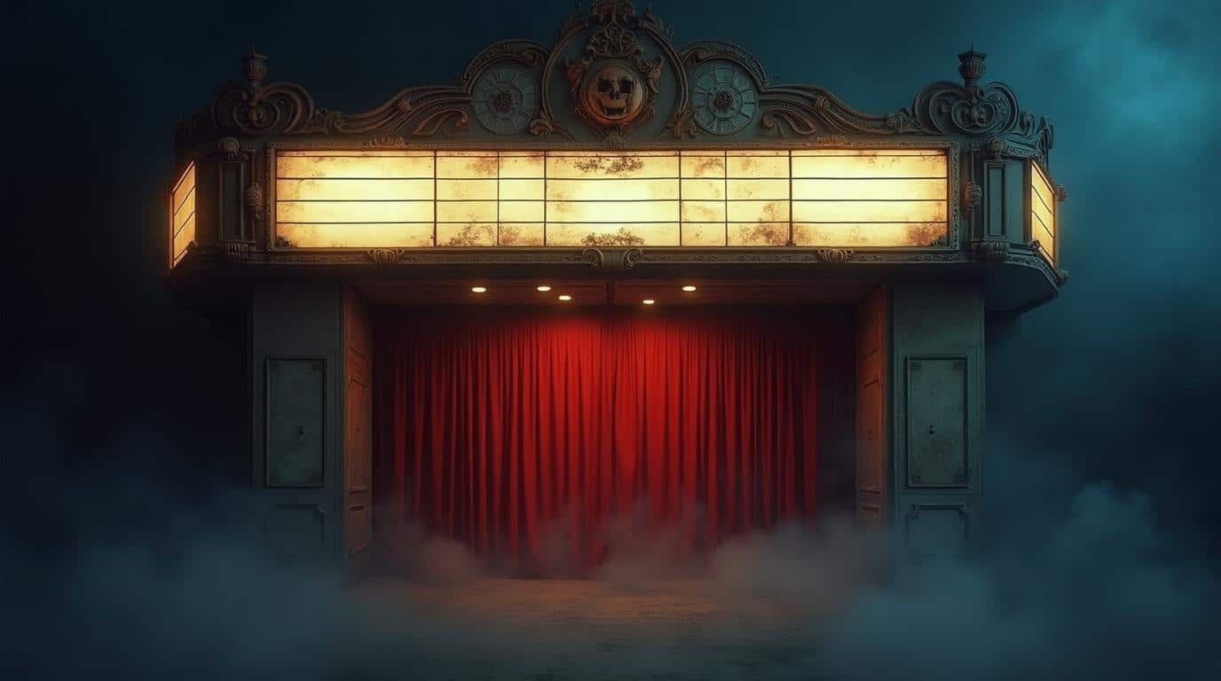 horizontal old haunted theater facade with fog and Halloween lights for haunted attractions in America